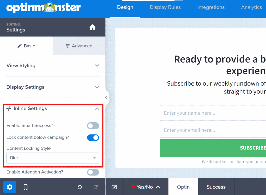 Configuración de campaña en línea OptinMosnter