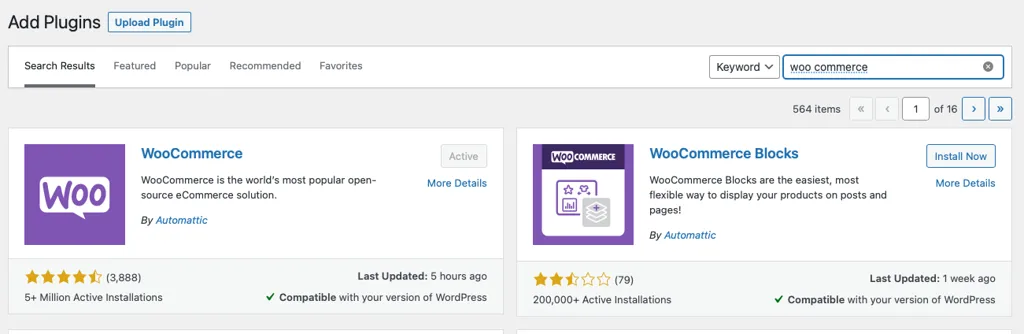 installer le plugin woocommerce via le tableau de bord WP