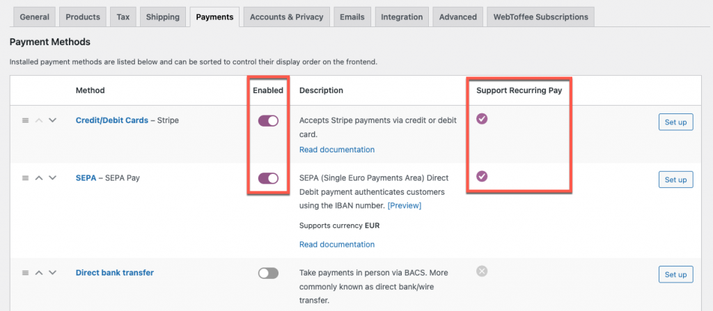 habilitar os gateways de pagamento para assinaturas WooCommerce