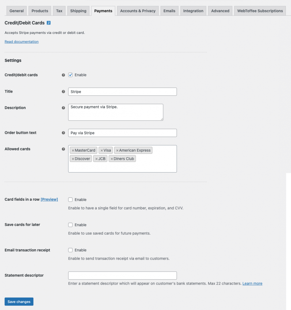 Defina as configurações da forma de pagamento