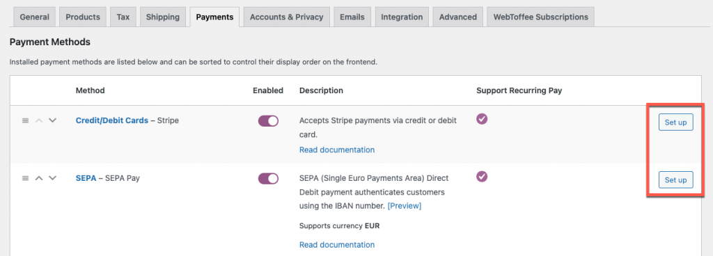 Configurar los métodos de pago que admitan pagos recurrentes