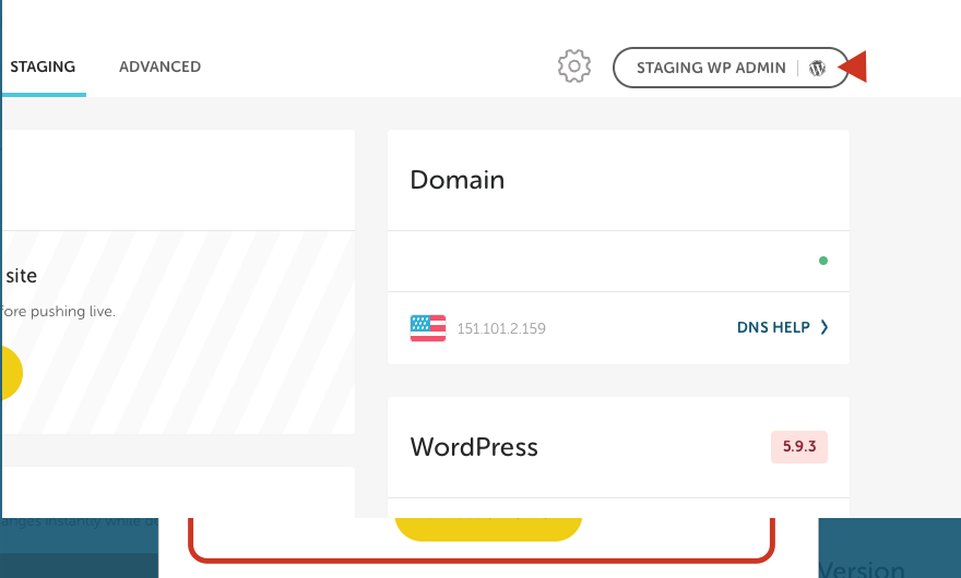 Volant d'inertie WordPress du site de staging Wp-admin