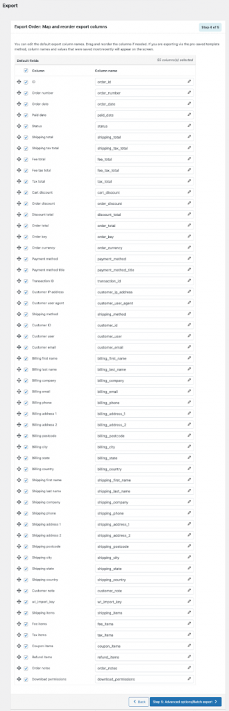 переименовать и изменить порядок полей экспорта заказа woocommerce