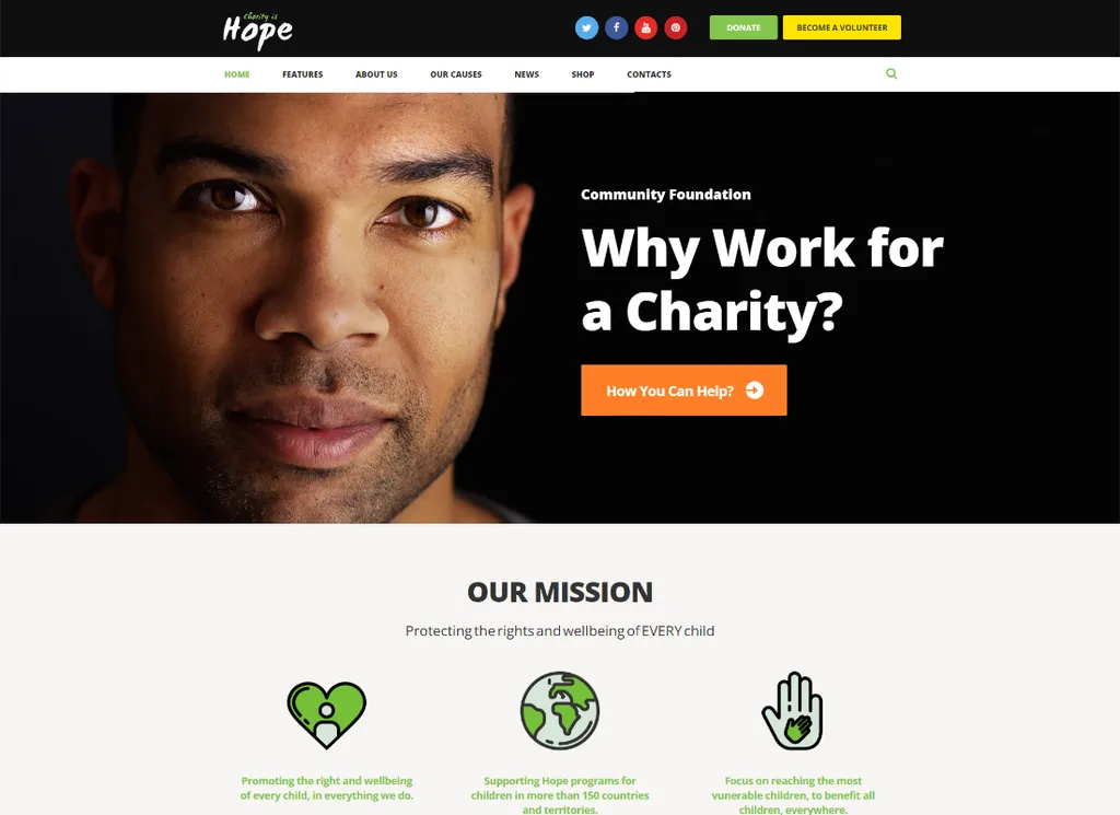 Hope - องค์กรไม่แสวงหากำไร การกุศล & การบริจาค WordPress Theme