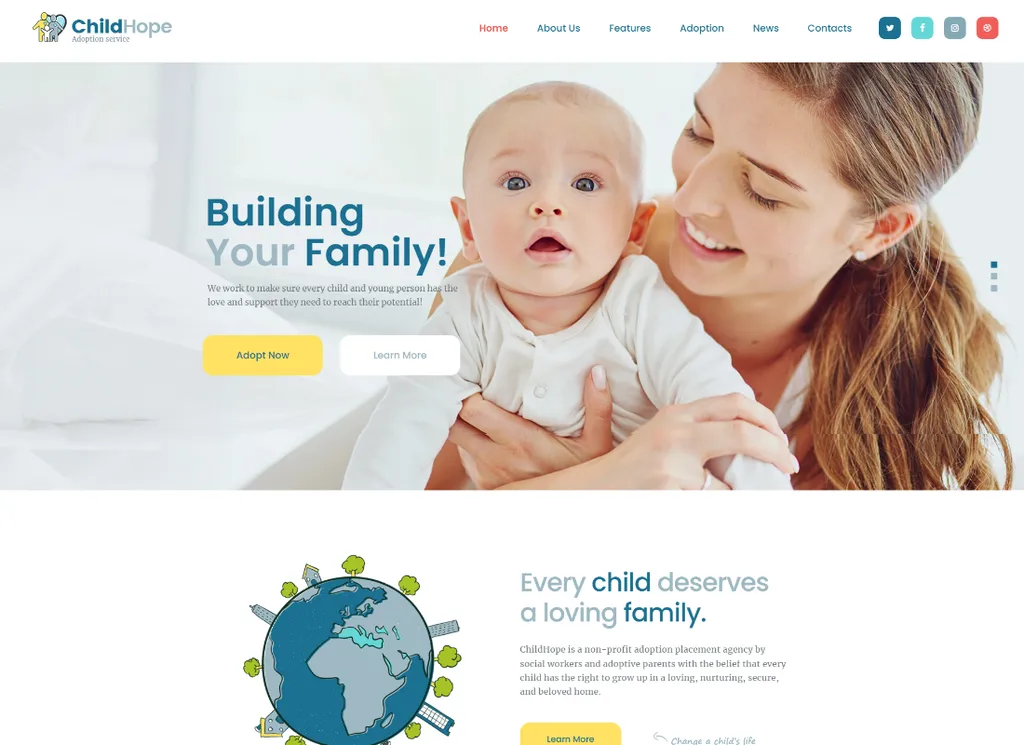 ChildHope - บริการรับเลี้ยงบุตรบุญธรรมและการกุศล WordPress Theme