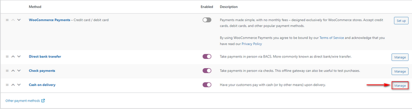 editar pasarelas de pago en woocommerce - pago de woocommerce habilitado