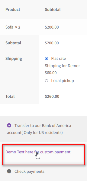 editar pasarelas de pago en woocommerce - demostración de enlace de texto de descripción