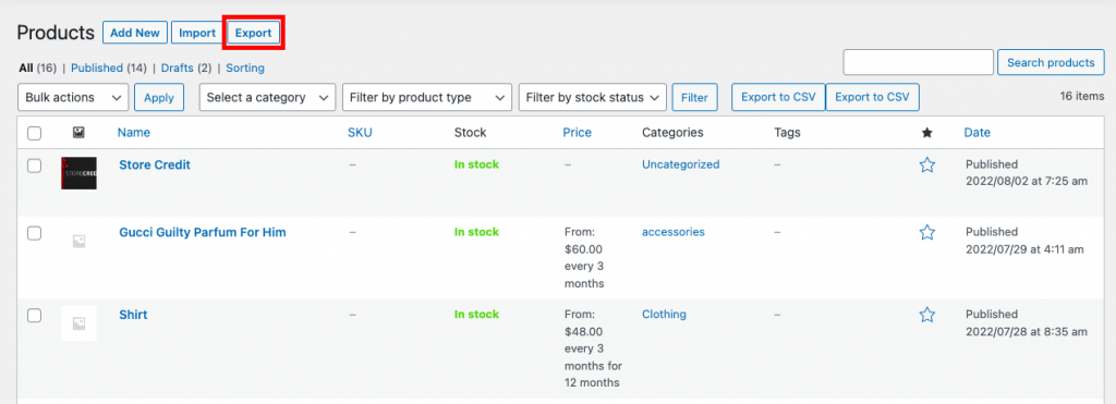 デフォルトのオプションで WooCommerce 製品をエクスポートする