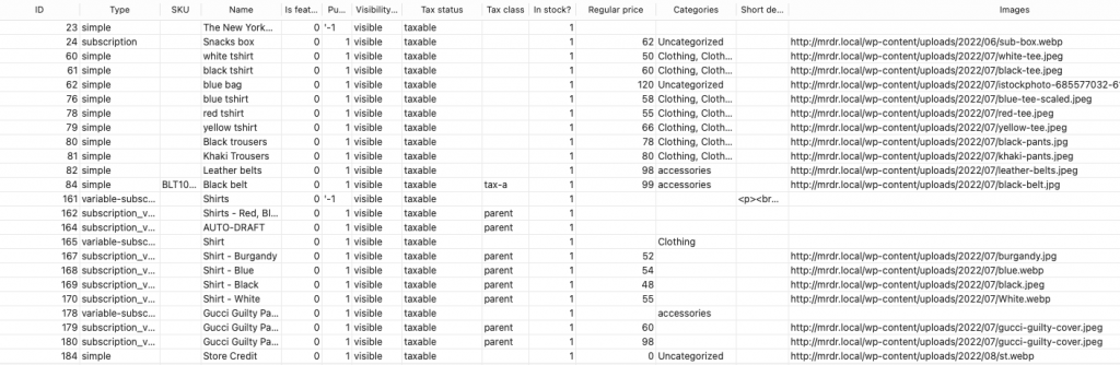 valorile eșantionului de produs csv