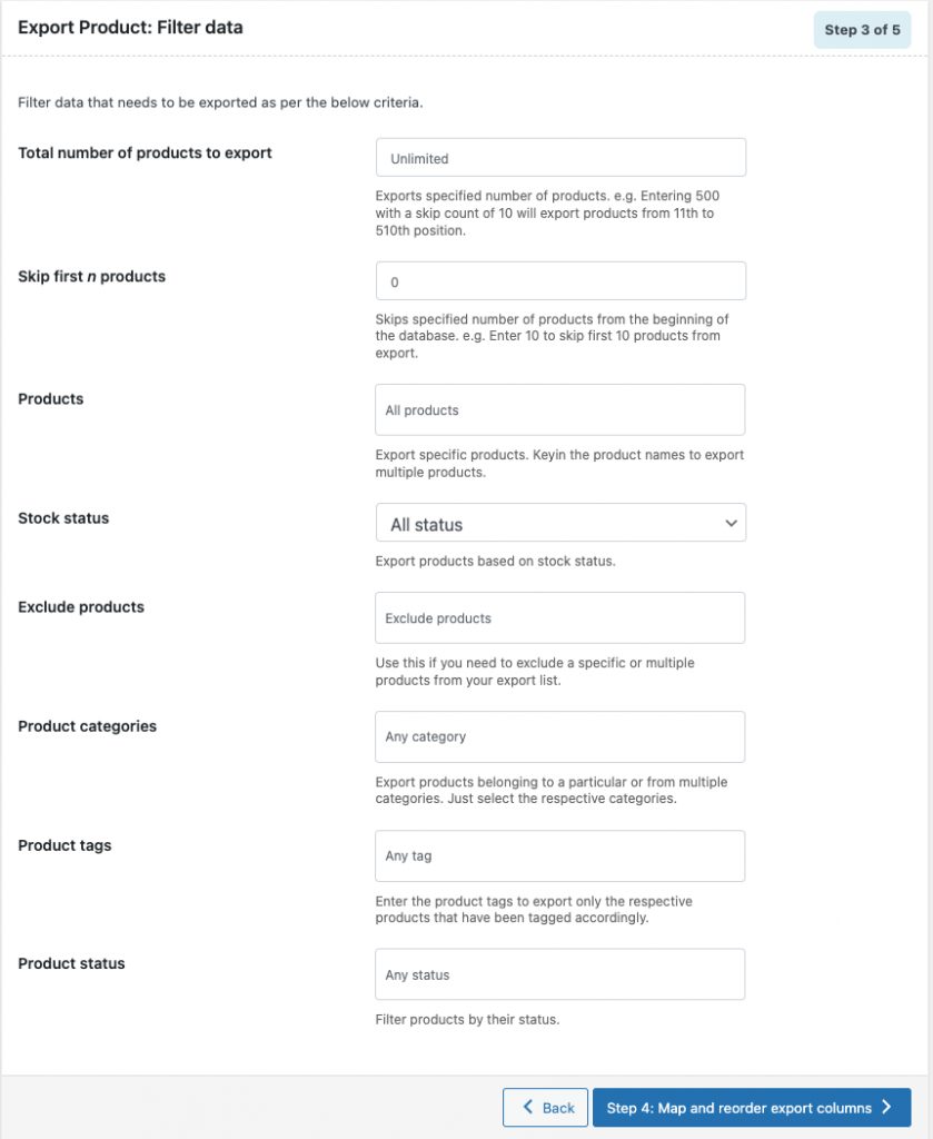 Datenfilter für den Produktexport