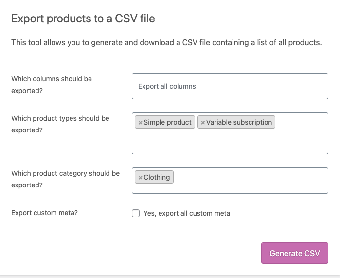 exportați produsele în fișierul CSV