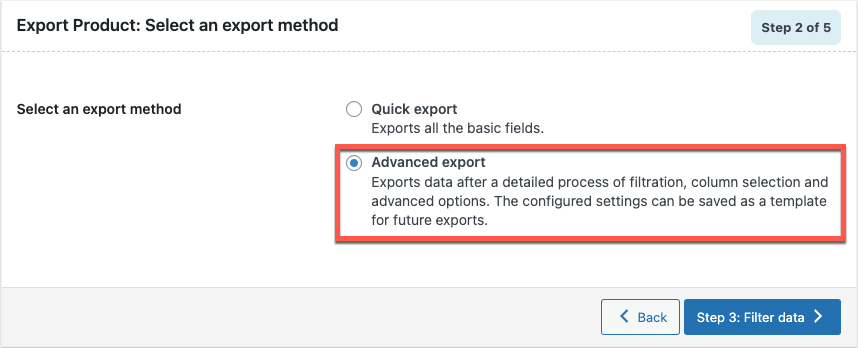 método de exportação de produto específico