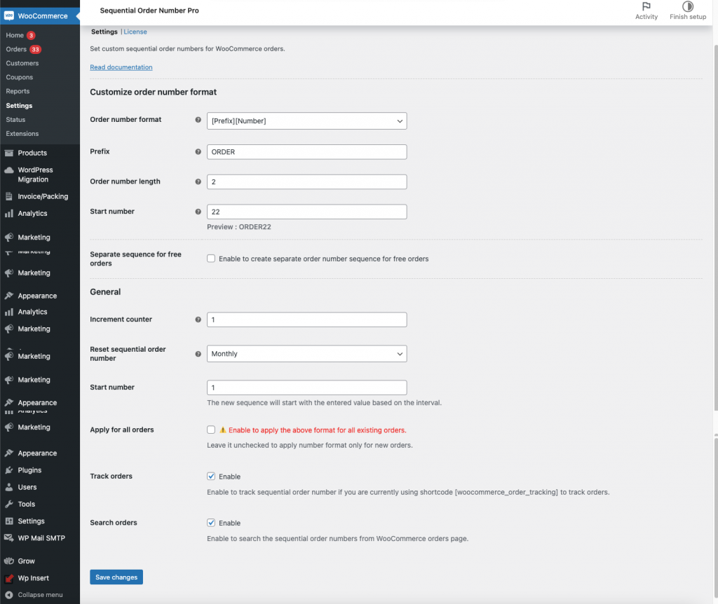 Ventana de configuración del número de orden secuencial