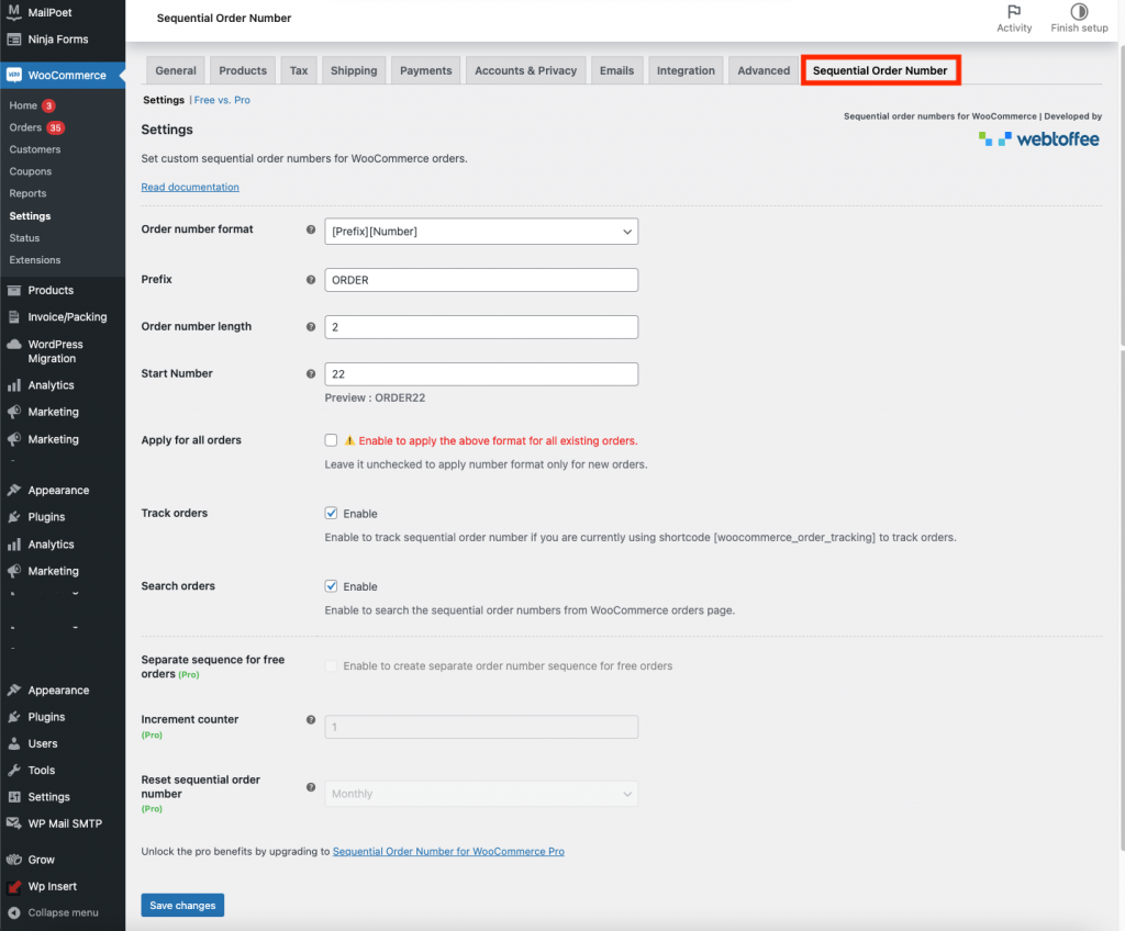 Ventana de configuración del número de orden secuencial