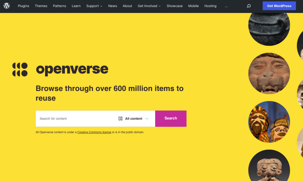 Colore di sfondo giallo Strumento di ricerca Openverse di WordPress