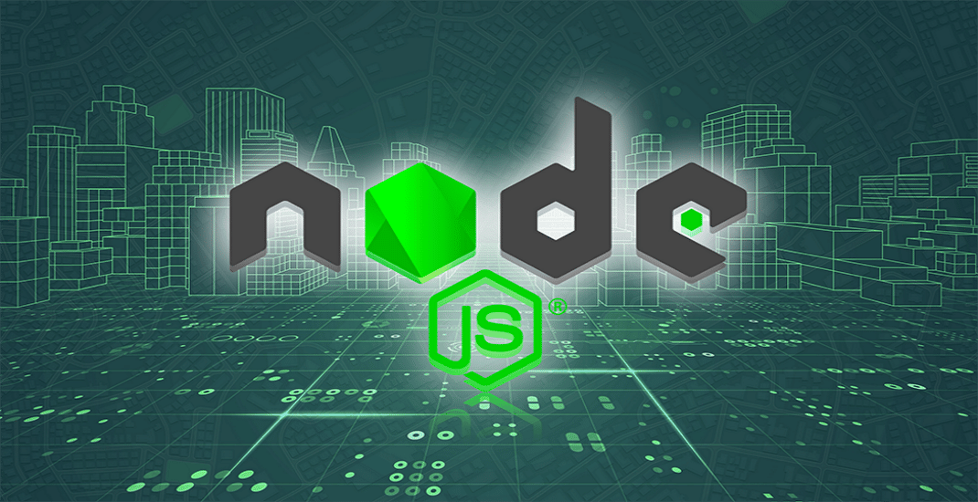 O imagine cu un fundal verde abstract și logo-ul oficial Node.js în centru.