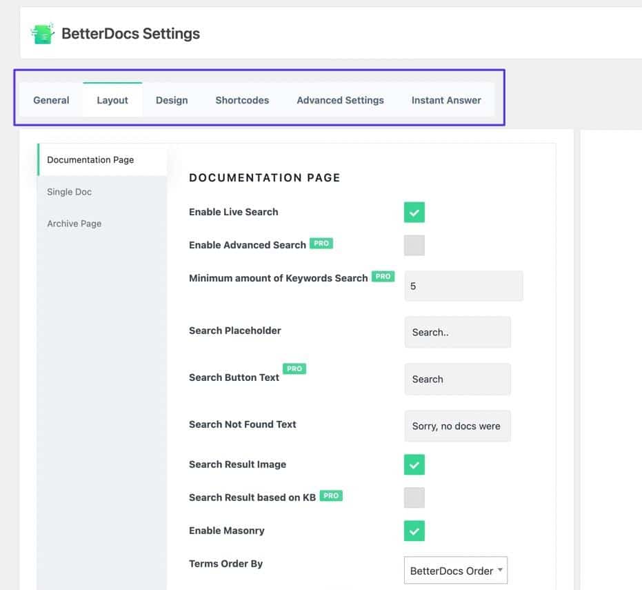 لوحة إعدادات BetterDocs