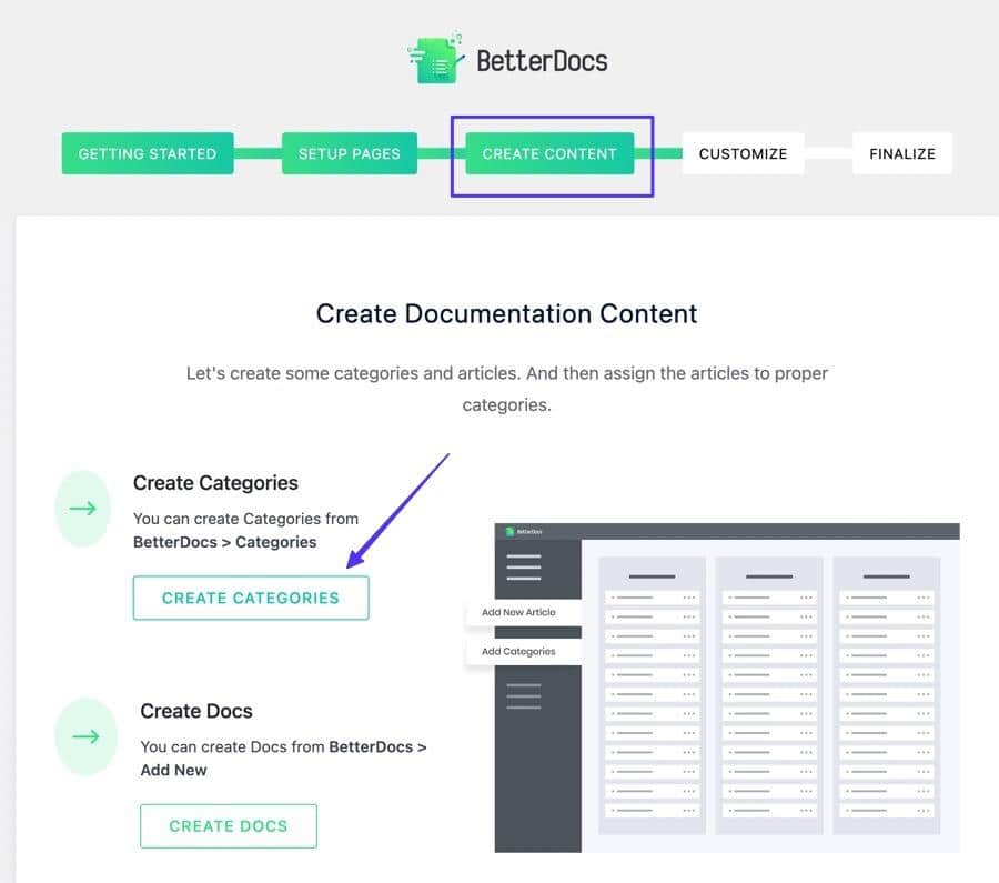 Haga clic en Crear categorías para la wiki de WordPress