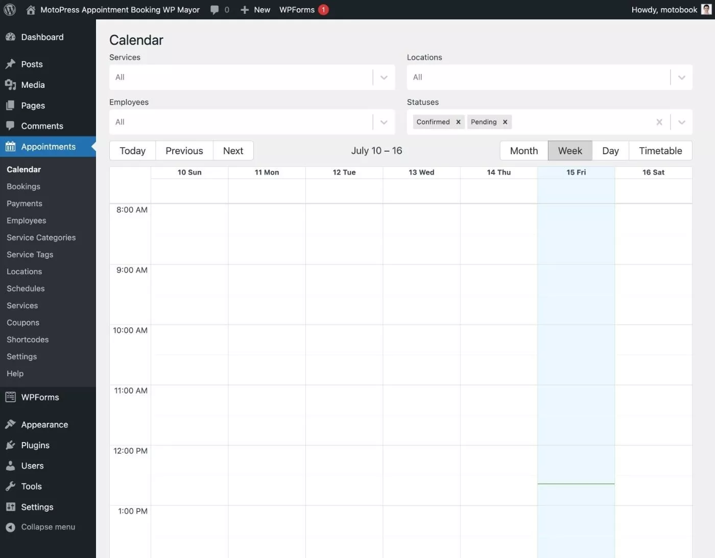 Haupt-Dashboard für die MotoPress-Terminbuchung