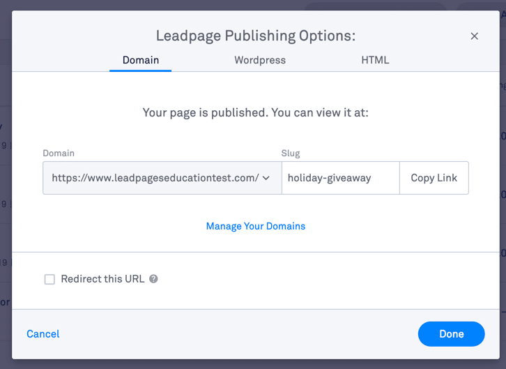 Opciones de publicación de Leadpages