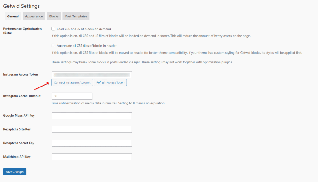 Página de configurações do Getwid usada para conectar sua conta do Instagram