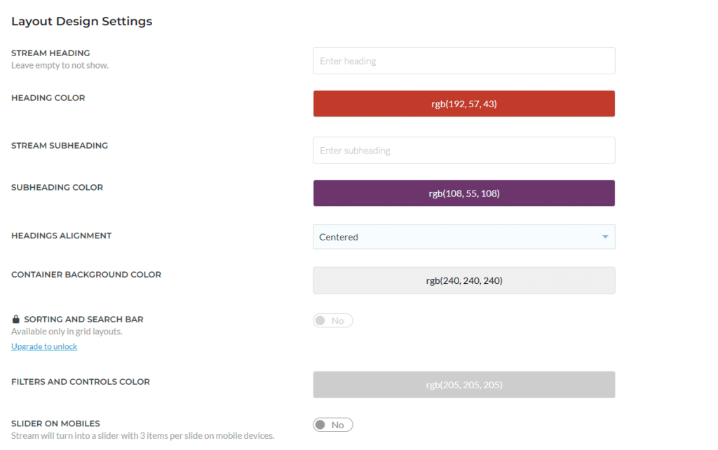 Flow-Flow Social Feed Layout del flusso e opzioni di stile