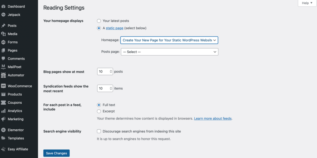 Festlegen einer Seite als statische Homepage in WordPress