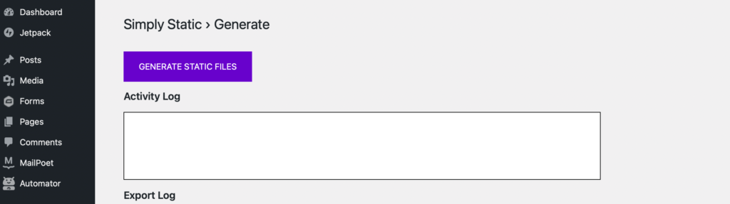 Generieren statischer Dateien von Ihrer WordPress-Site mit dem Simply Static-Plugin.