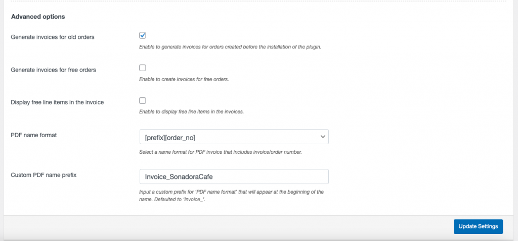 Opção avançada de configurações de fatura