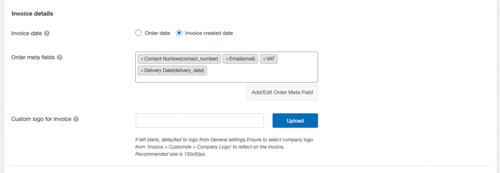 Detalhes da fatura para definir nas configurações gerais