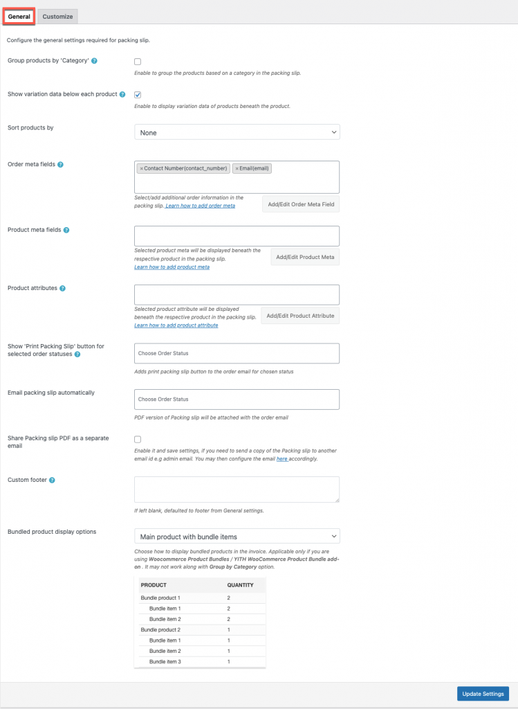 แถบ General ของ Packing slip premium version