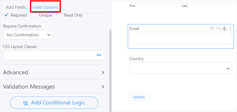 edit field settings create a custom search form in wordpress