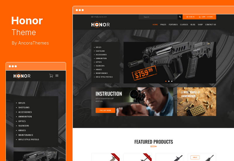 Tema de honor: tema de WordPress para club de tiro multipropósito y tienda de armas