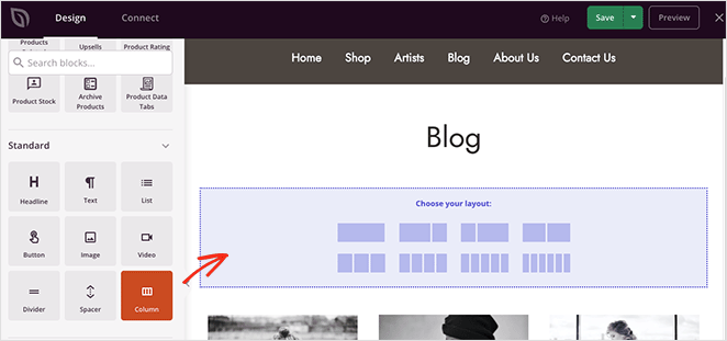 aggiungi il layout delle colonne alla pagina del blog