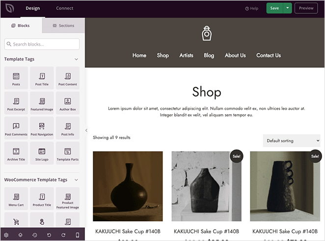 Pagina del negozio WooCommerce nel builder SeedProd