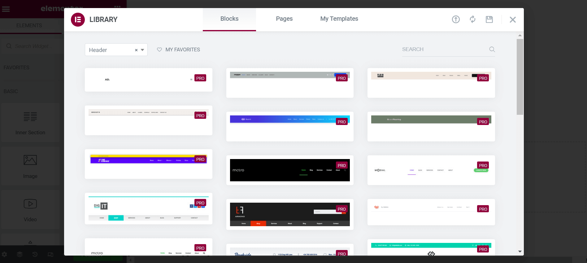 Header templates in Elementor Library