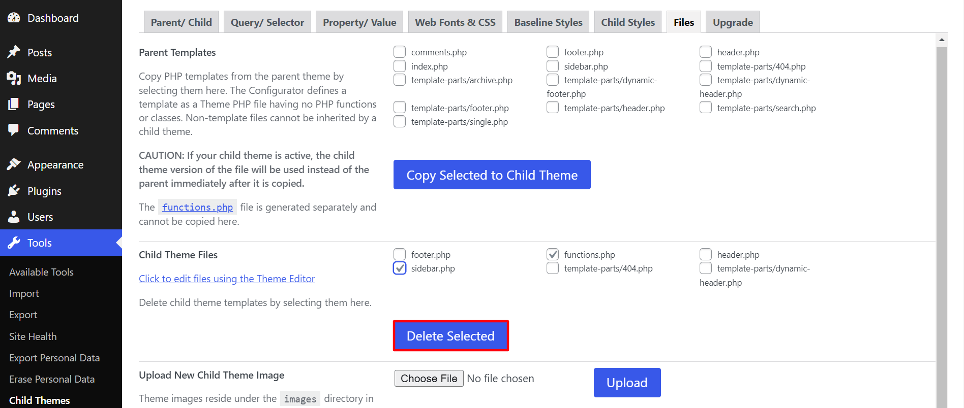 Delete files from the child theme by Child theme configurator