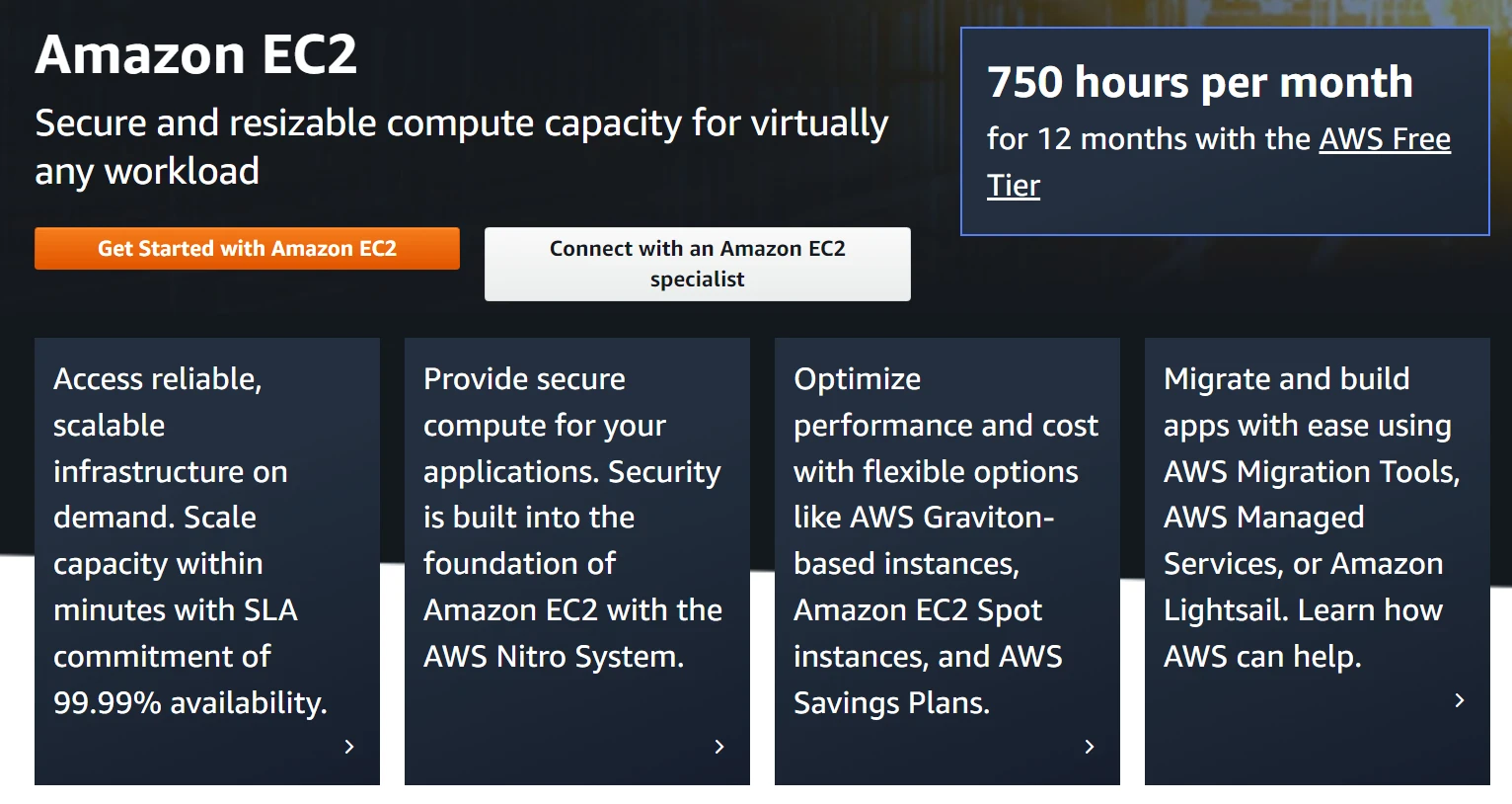 Page d'accueil Amazon EC2