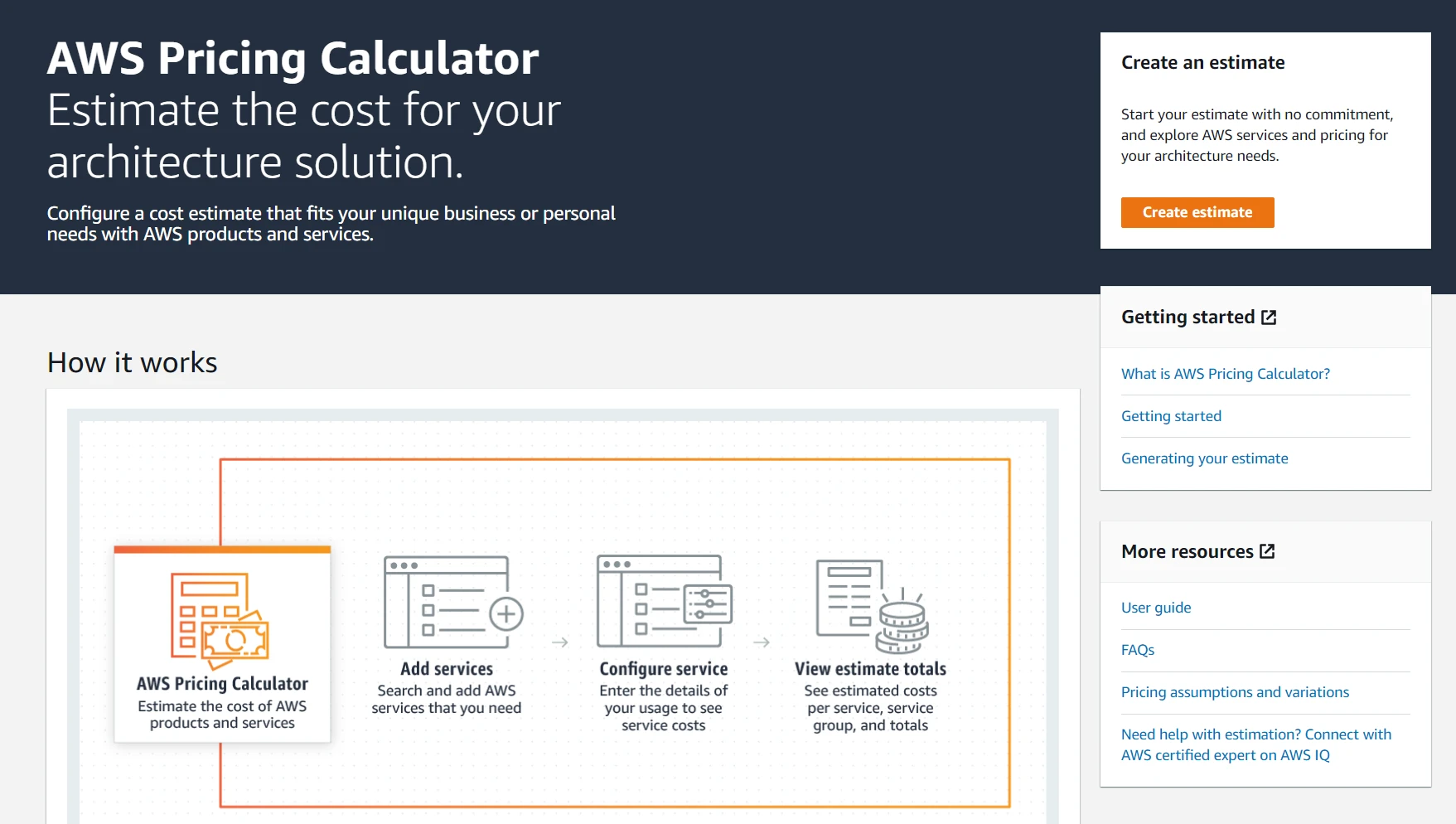 A calculadora de preços da AWS