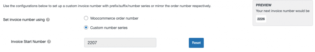 opción de serie de números personalizados en la pestaña Número de factura en woocommerce