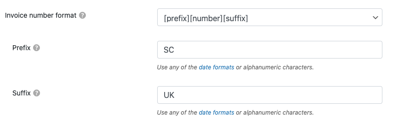 Adición de formato de número de prefijo y sufijo para el número de factura