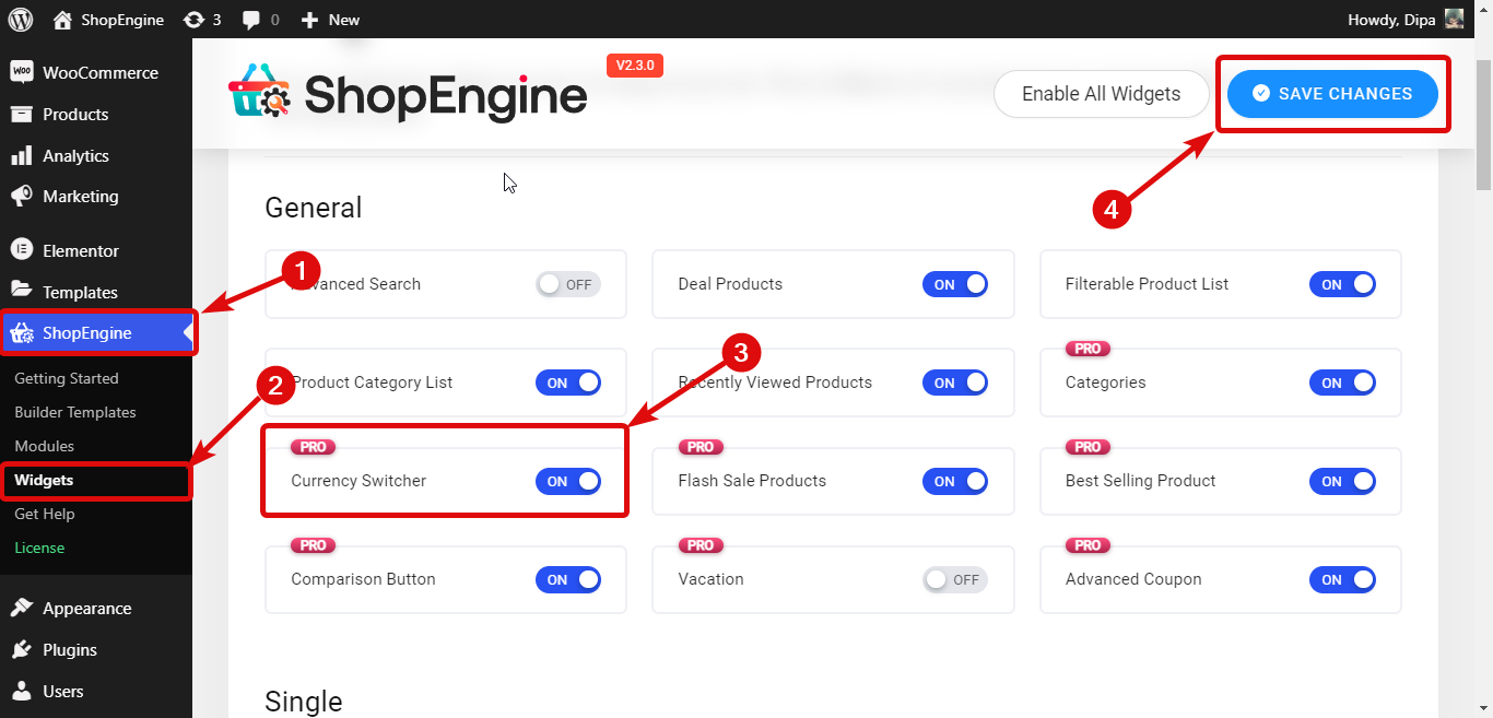 เปิดวิดเจ็ตตัวสลับสกุลเงิน WooCommerce โดย ShopEngine elementor ตัวสลับสกุลเงิน