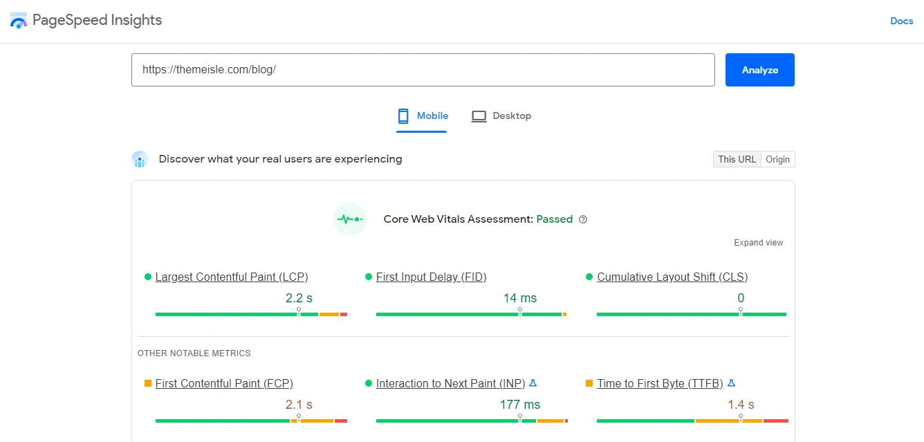 Il Core Web Vitals Assessment in Google PageSpeed ​​Insights.