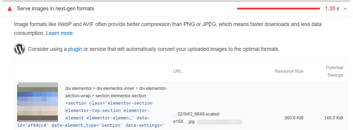 Suggerimenti di PageSpeed ​​Insights per ottimizzare le immagini per capire quanto è veloce il mio sito web