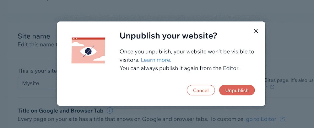 一個彈出對話框，要求您確認是否要取消發布您的 Wix 站點。