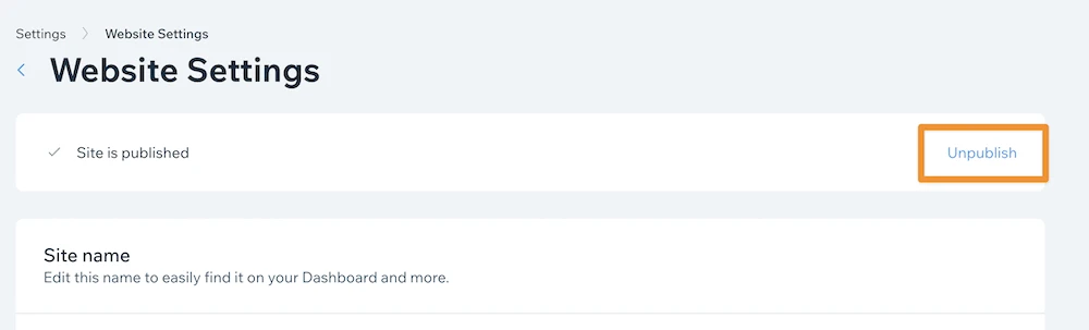 網站設置中用於取消發布 Wix 網站的鏈接。
