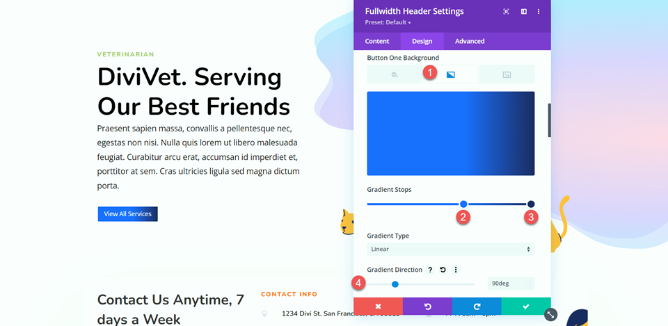 Divi Fullwidth Header Hero Sezione Pulsante Gradiente di sfondo