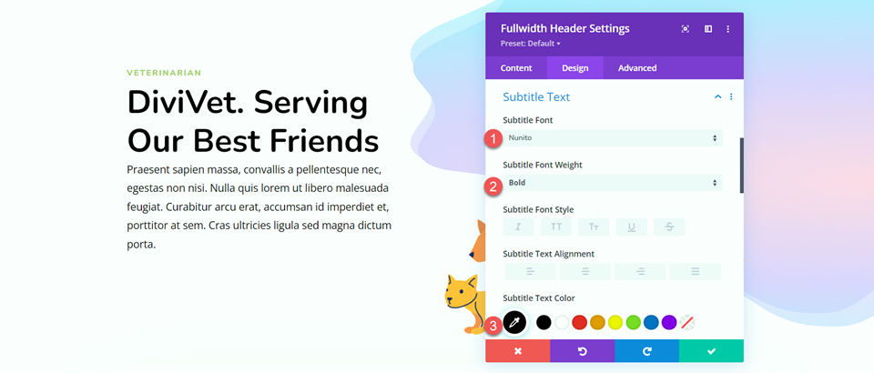 Divi Fullwidth Header Hero Section Sottotitoli Font