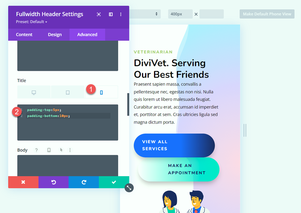 Divi Fullwidth Header Hero Titolo della sezione CSS Mobile