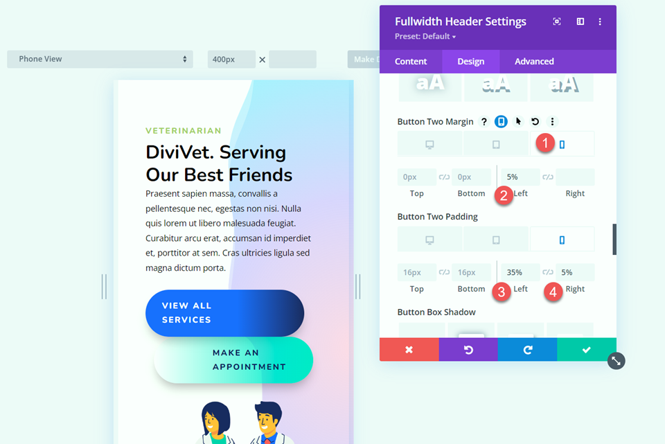 Divi Header a larghezza intera Pulsante sezione Hero Due margini di riempimento Mobile